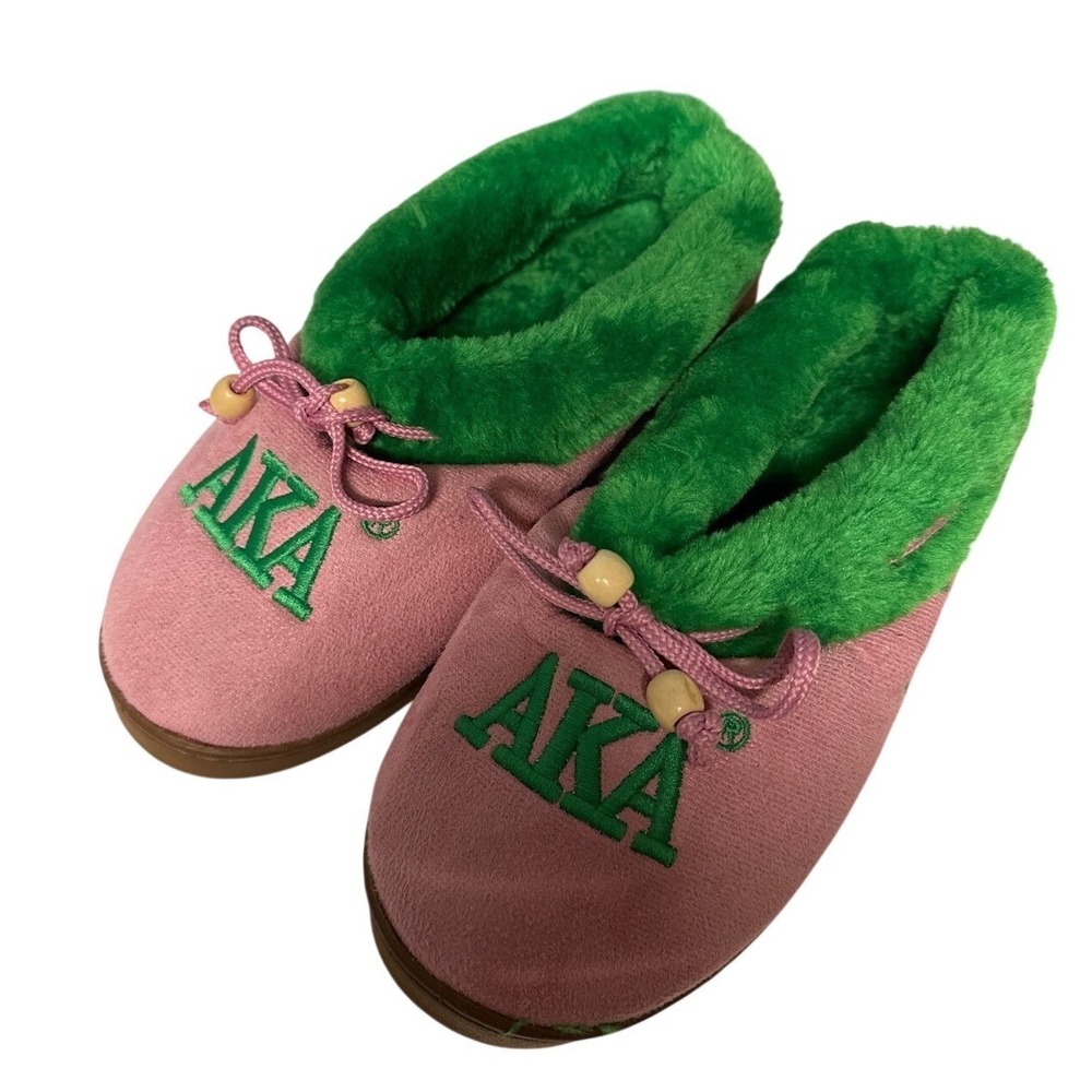 Pink AKA Slippers Green Fur Trim Embroidered 1908 Size‎ L 7/8 Loungewear